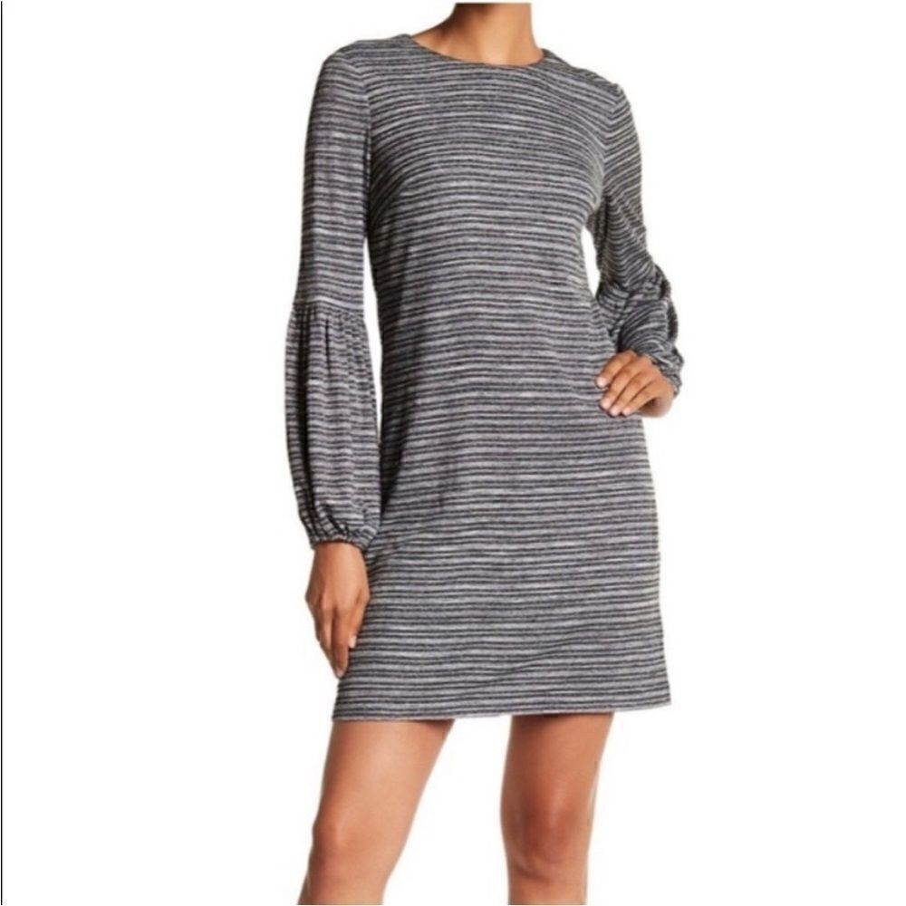 Maggy London Stripe Silver Metallic Shift Dress Balloon Sleeves Grey Black 6